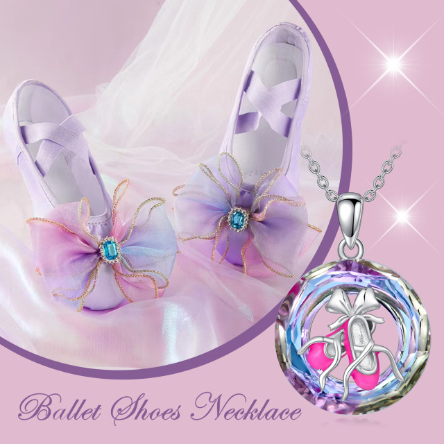 Sterling Silver Round Ballet Shoes Crystal Pendant Necklace-5