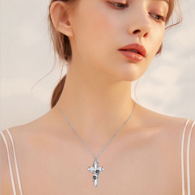 Sterling Silver Oxidized Rose & Cross Urn Necklace for Ashes-1