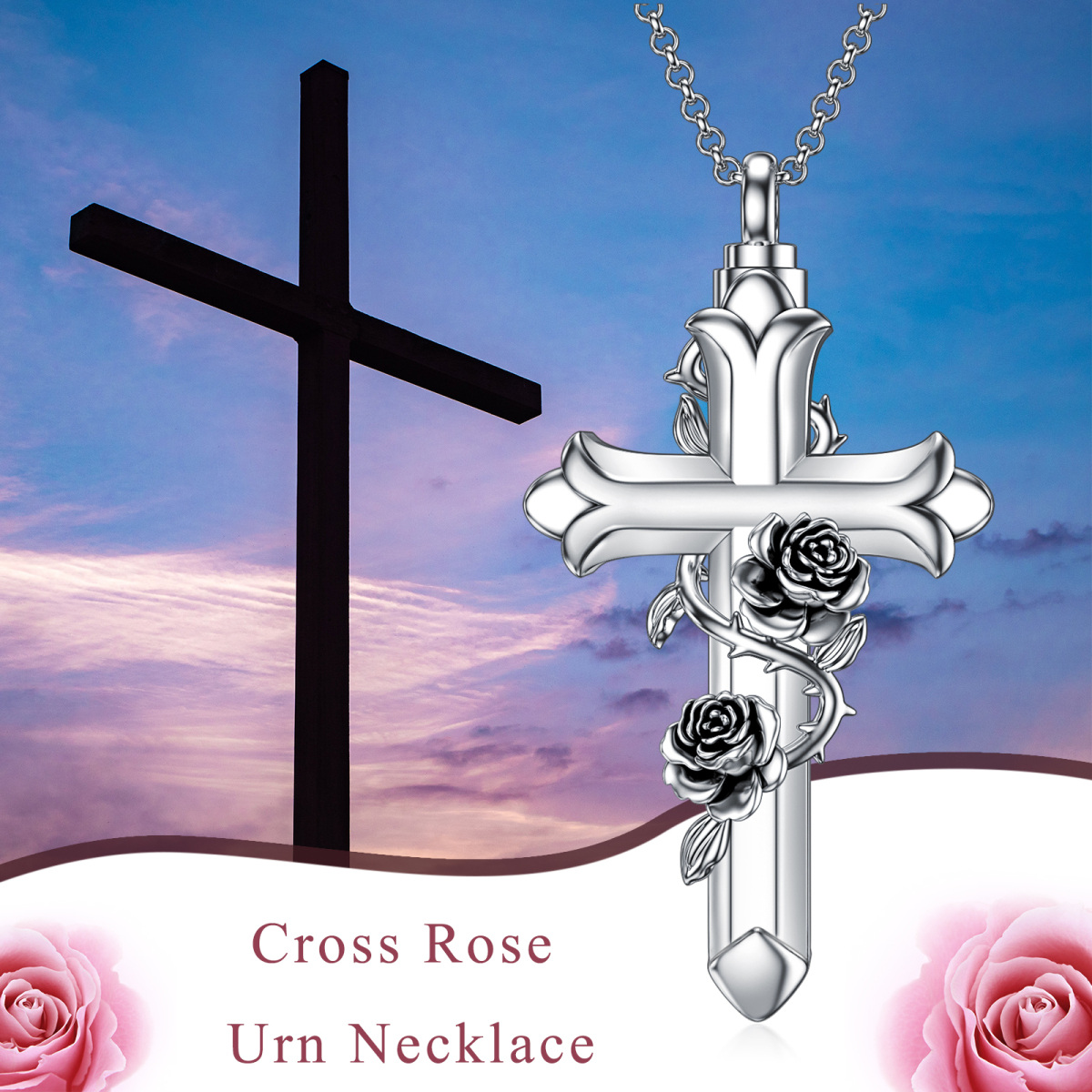 Sterling Silver Oxidized Rose & Cross Urn Necklace for Ashes-6