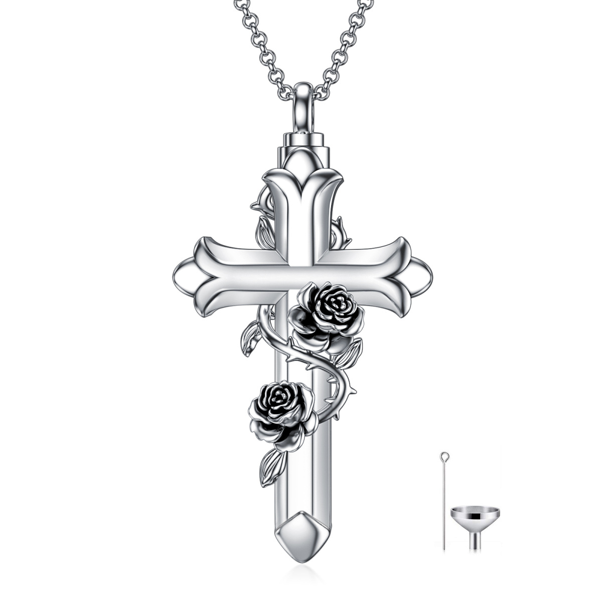 Collier d'urne pour cendres en argent sterling. rose oxydée et croix-1