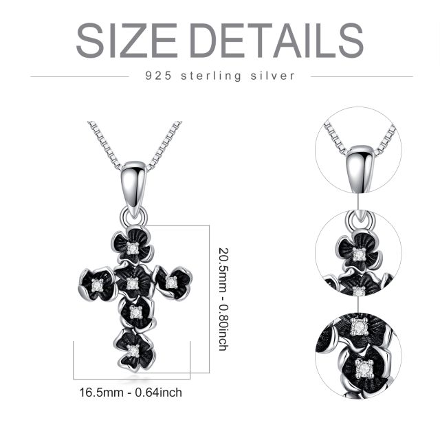 Sterling Silver Circular Shaped Diamond Peach Blossom & Cross Pendant Necklace-4