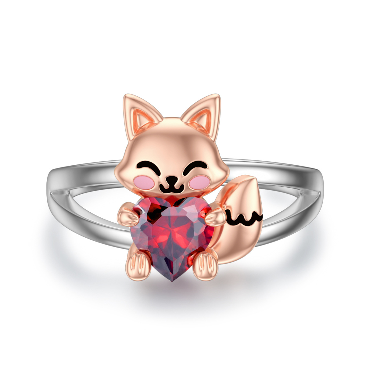 Bague Fox en argent sterling bicolore en forme de coeur avec zircon cubique-1