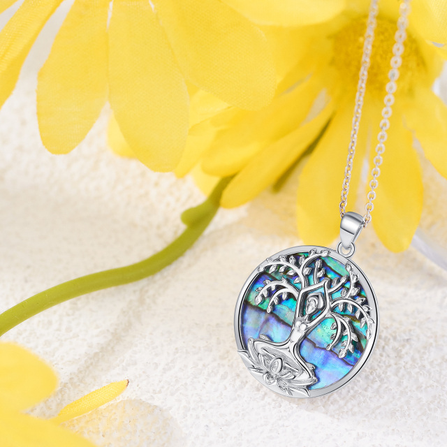 Sterling Silver Circular Shaped Abalone Shellfish Tree Of Life Pendant Necklace-3