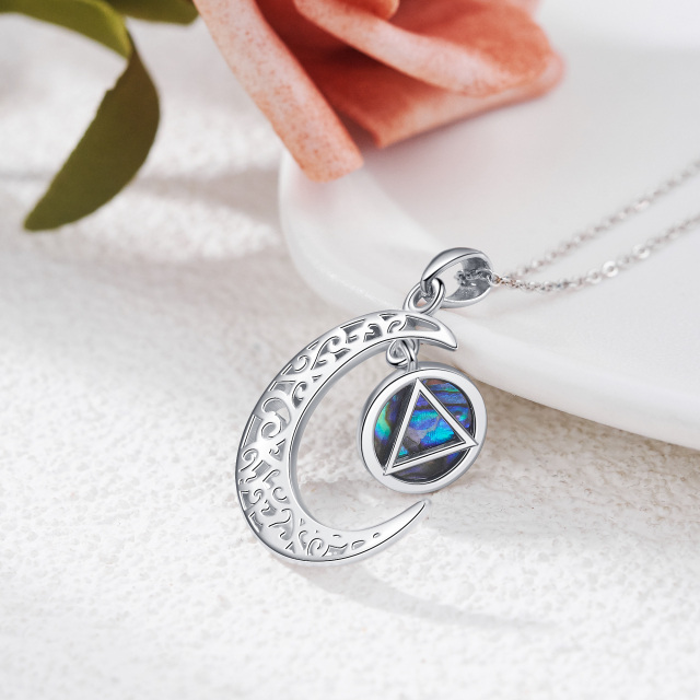 Sterling Silver Circular Shaped Abalone Shellfish Moon & Triforce Pendant Necklace-2