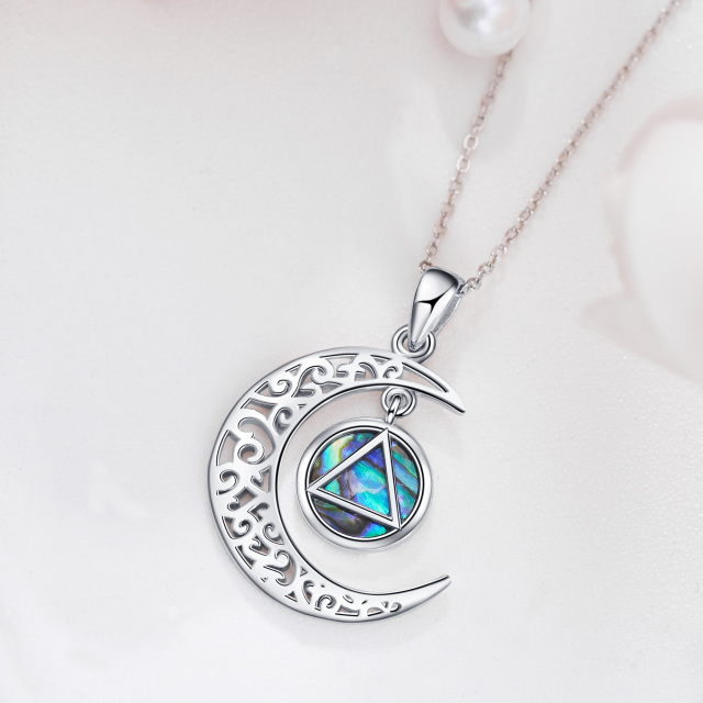 Sterling Silver Circular Shaped Abalone Shellfish Moon & Triforce Pendant Necklace-3