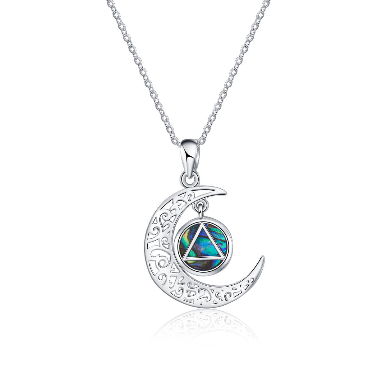 Sterling Silver Circular Shaped Abalone Shellfish Moon & Triforce Pendant Necklace-1