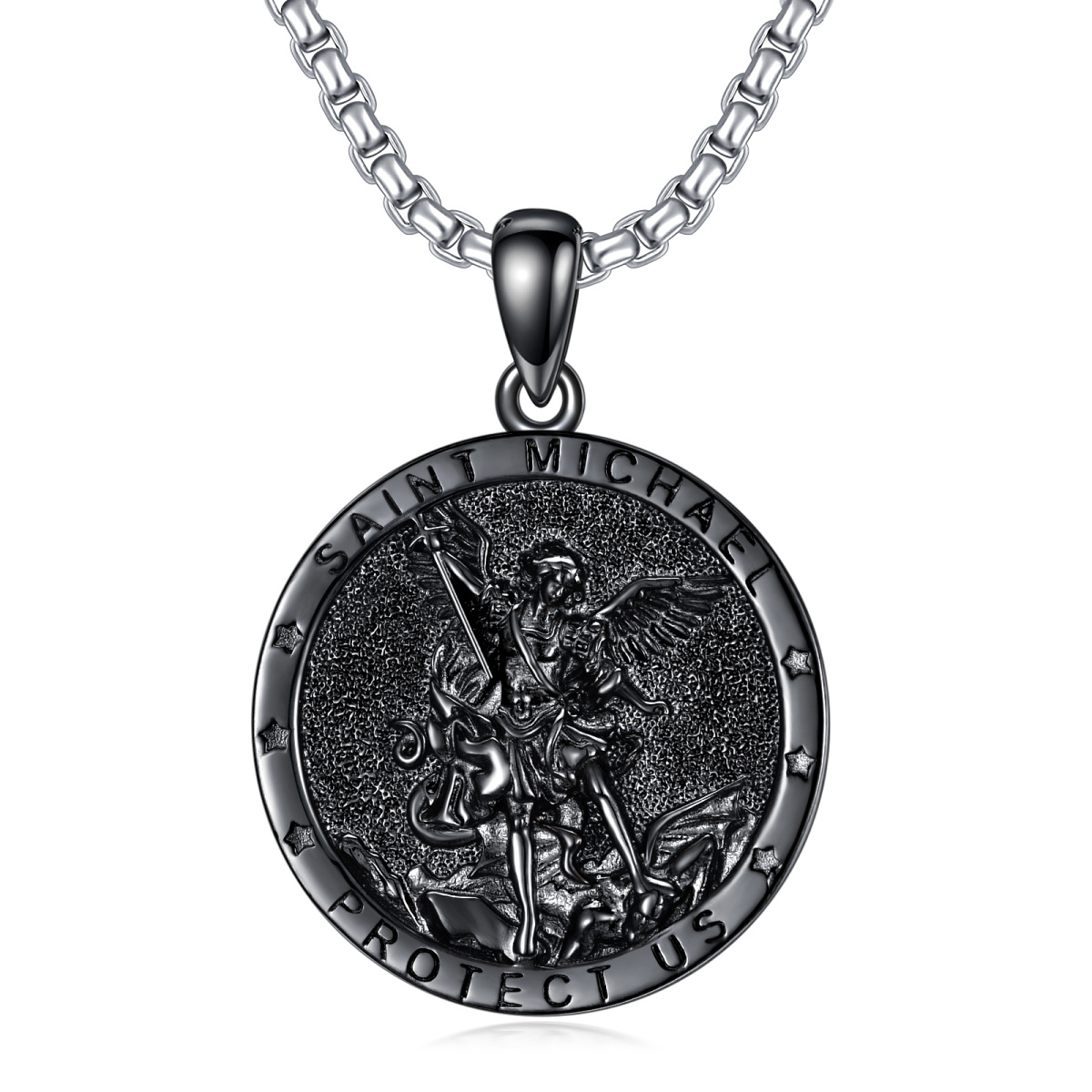 Sterling Silver with Black Rhodium Color Saint Michael Pendant Necklace with Engraved Word for Men-1