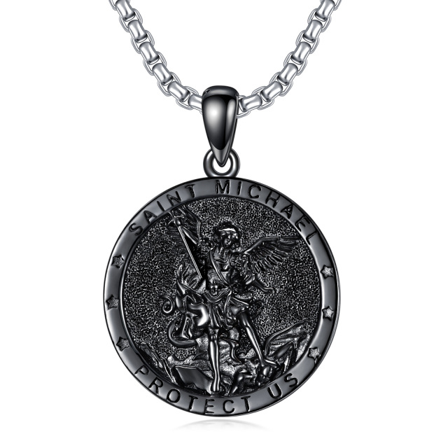 Sterling Silver with Black Rhodium Color Saint Michael Pendant Necklace with Engraved Word for Men-0