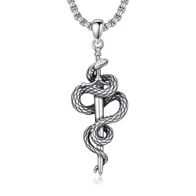 Sterling Silver Snake & Sword Pendant Necklace for Men-0