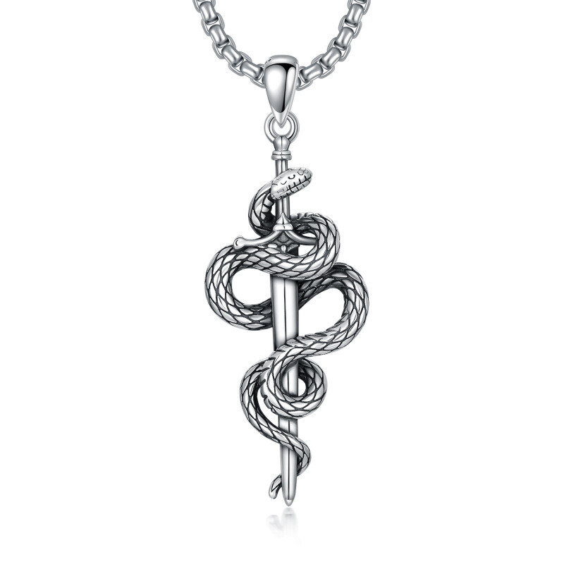 Sterling Silver Snake & Sword Pendant Necklace for Men
