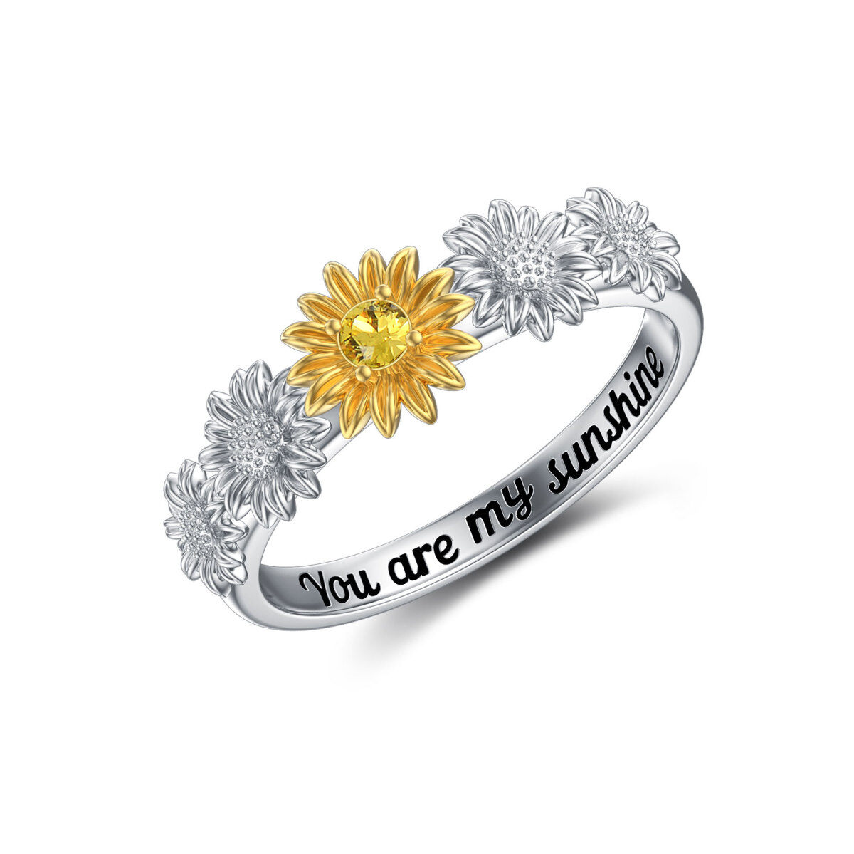 Sterling Silver Two-tone Circular Shaped Crystal Sunflower Ring with Engraved Word-1