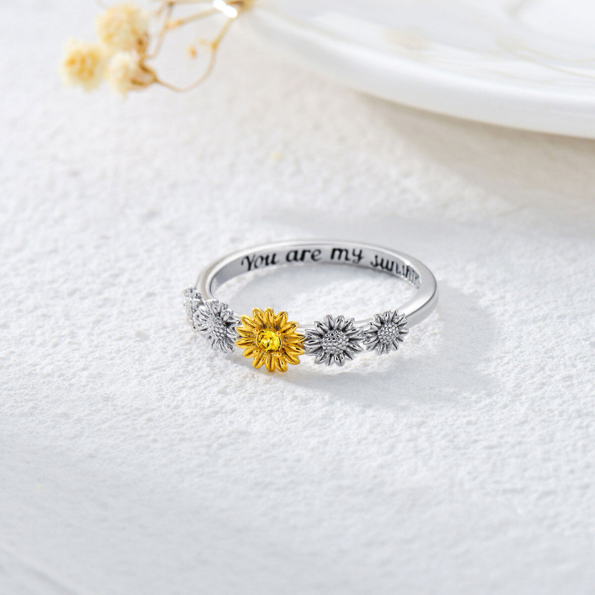 Sterling Silver Two-tone Circular Shaped Crystal Sunflower Ring with Engraved Word-4