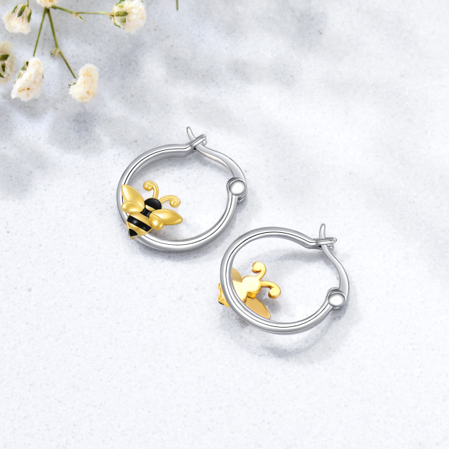 Sterling Silver Two-tone Bee Hoop Earrings-4