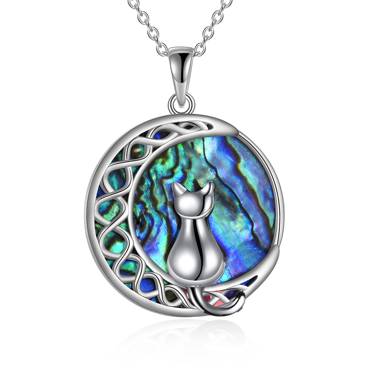 Sterling Silver Circular Shaped Abalone Shellfish Cat & Moon Pendant Necklace-1
