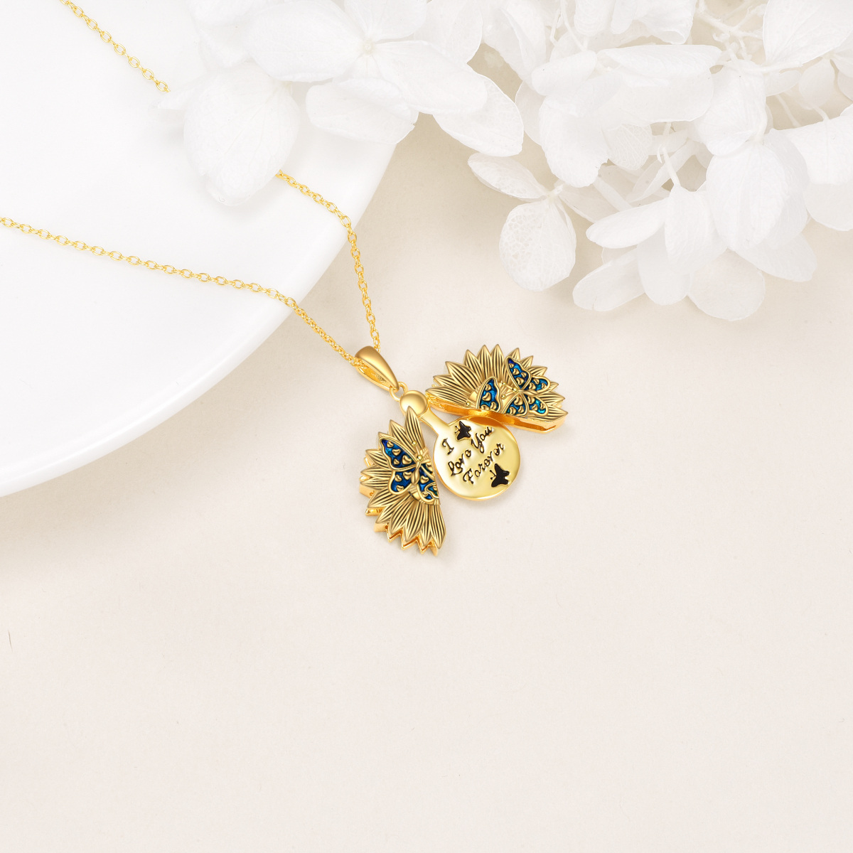 Sterling Silver with Yellow Gold Plated Butterfly & Sunflower Pendant Necklace with Engraved Word-4