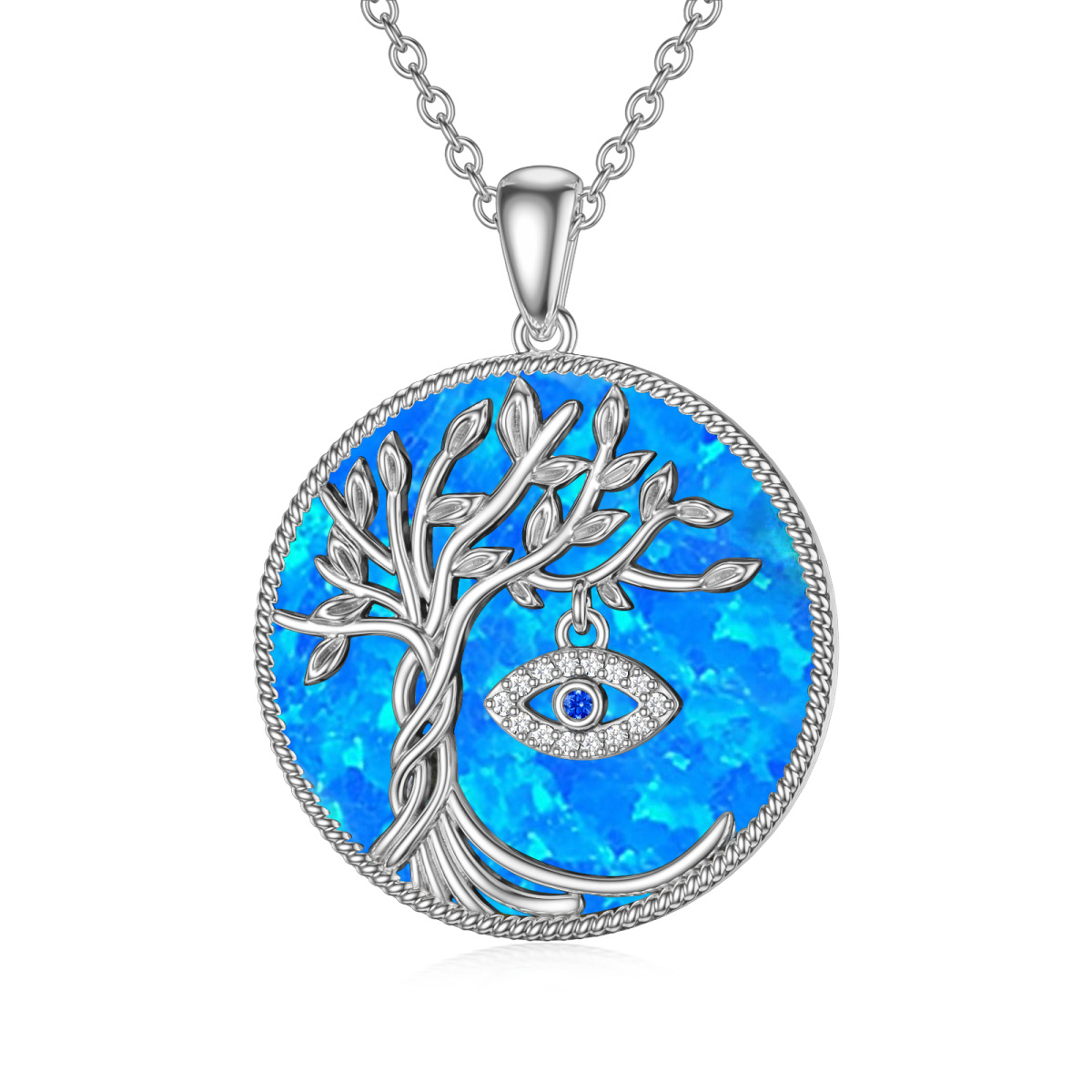 Sterling Silver Circular Shaped Opal Tree Of Life & Evil Eye Pendant Necklace-1