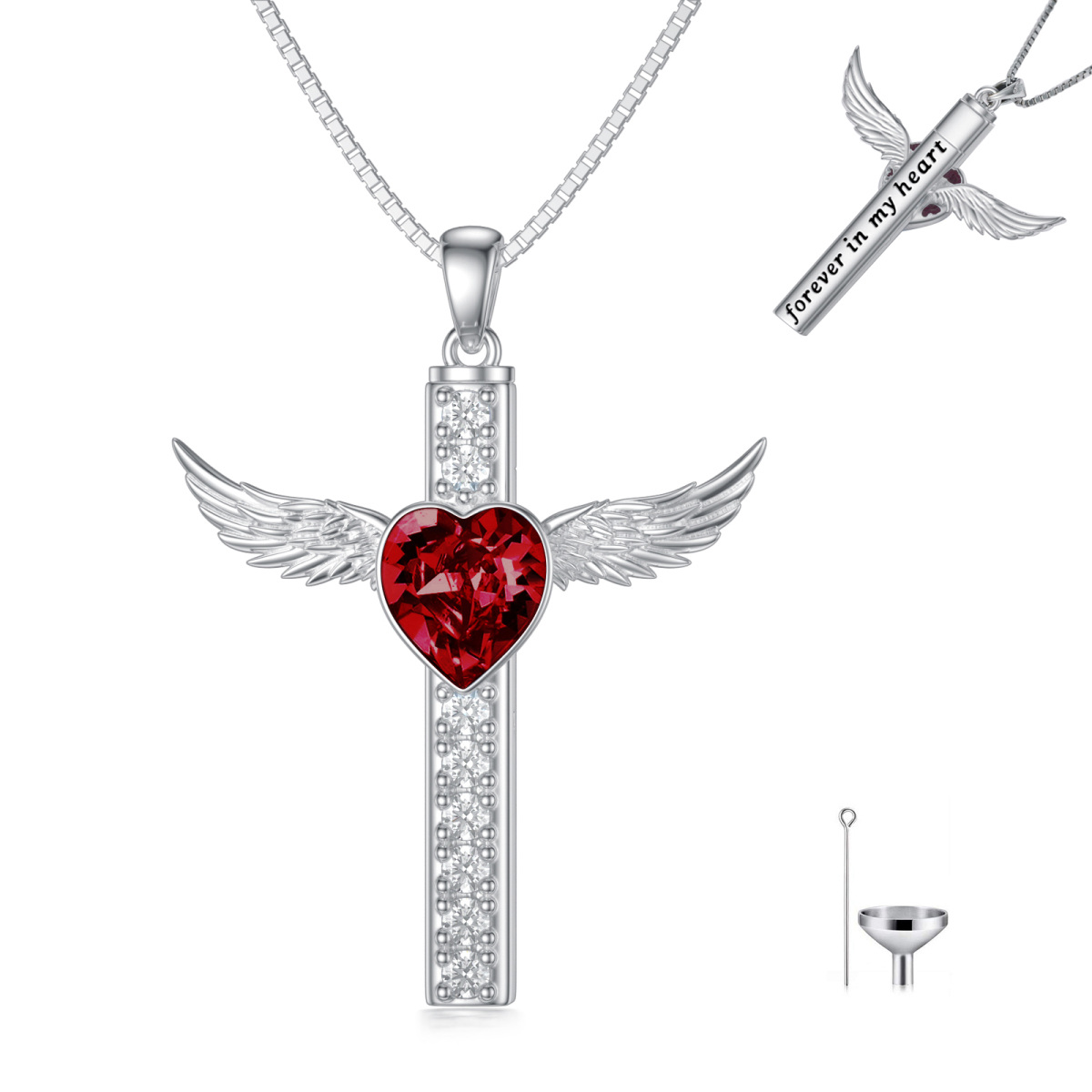 Sterling Silver Heart Shaped Zircon Cross & Heart Urn Necklace for Ashes with Engraved Word-1
