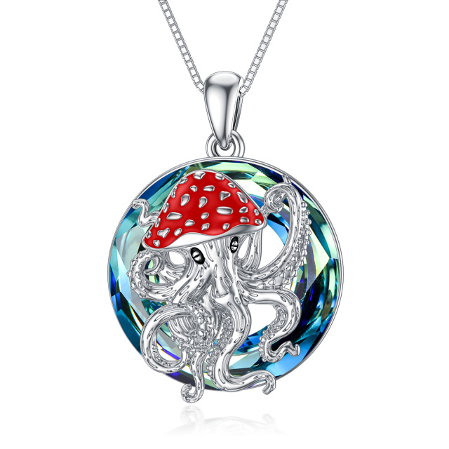 Sterling Silver Round Octopus & Mushroom Crystal Pendant Necklace-1