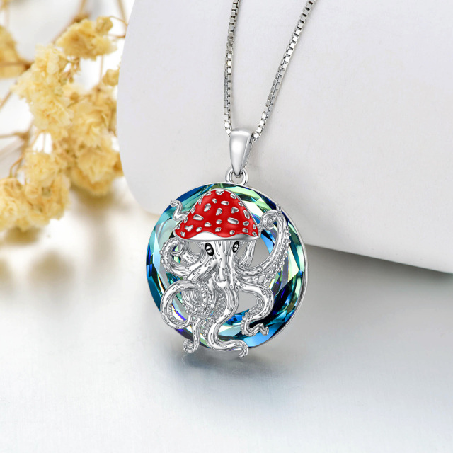 Sterling Silver Round Octopus & Mushroom Crystal Pendant Necklace-4