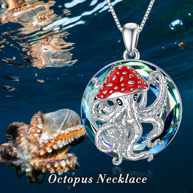 Sterling Silver Round Octopus & Mushroom Crystal Pendant Necklace-6