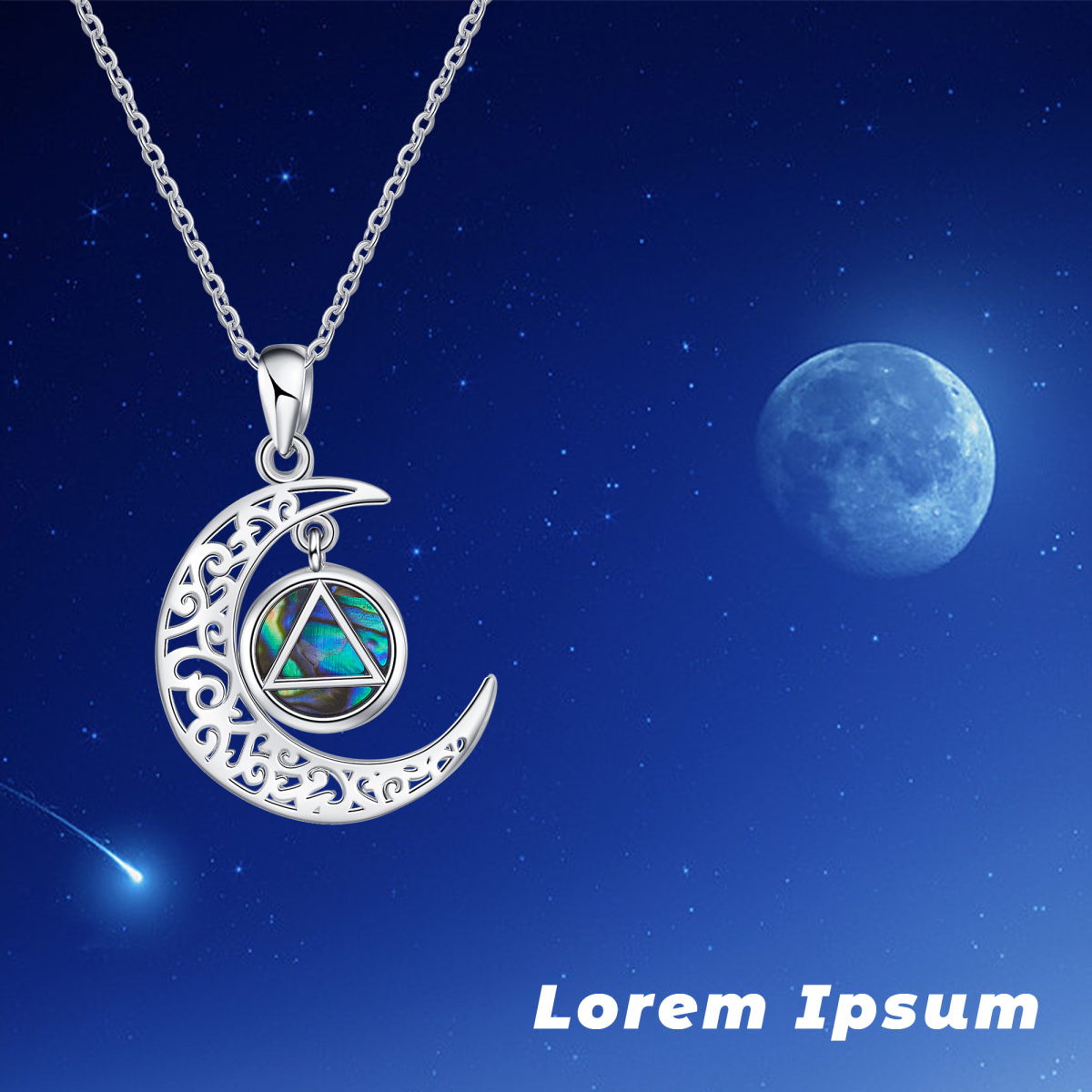 Sterling Silver Circular Shaped Abalone Shellfish Moon & Triforce Pendant Necklace-6