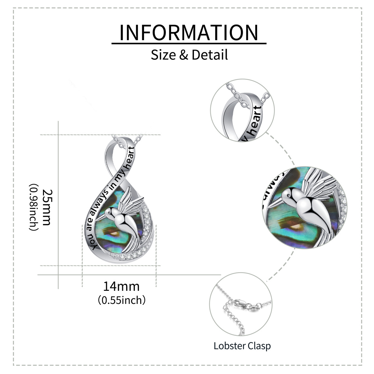 Sterling Silver Abalone Shellfish Hummingbird & Infinity Symbol Pendant Necklace-4