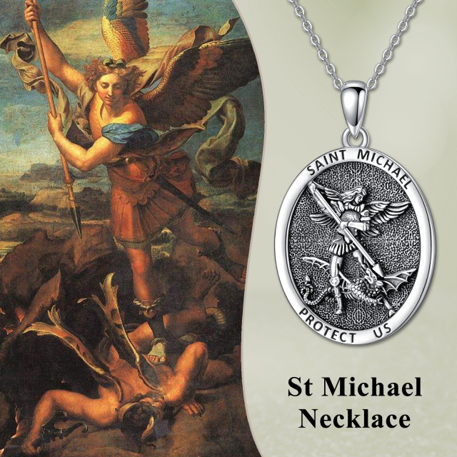 Colar com pingente de prata esterlina em forma oval de São Miguel com palavra gravada para homem-4
