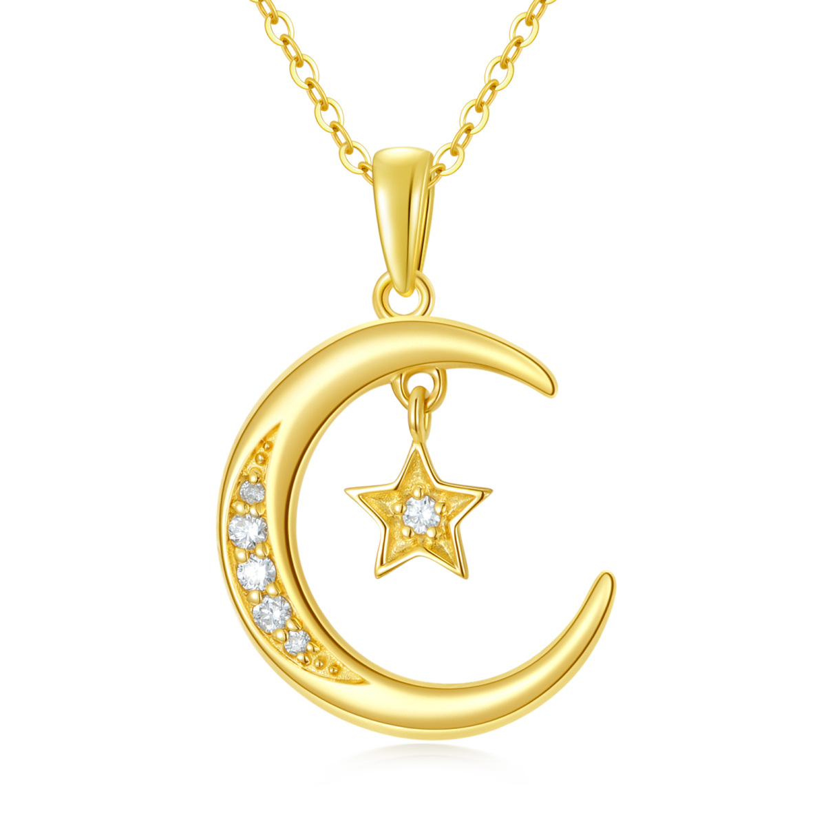 14K Gold Diamond Moon & Star Pendant Necklace-1