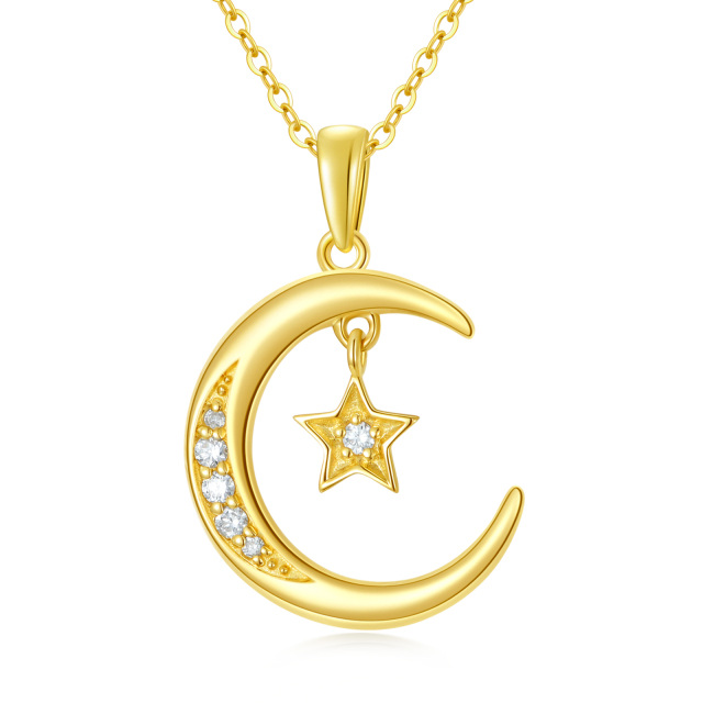 14K Gold Diamond Moon & Star Pendant Necklace-0