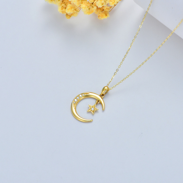 14K Gold Diamond Moon & Star Pendant Necklace-3