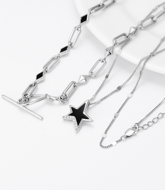 Sterling Silver Agate Stars Layered Necklace-6