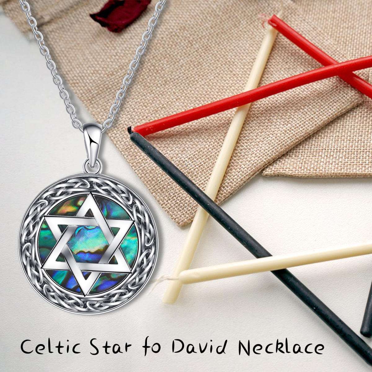 Sterling Silver Circular Shaped Abalone Shellfish Star Of David Pendant Necklace-6