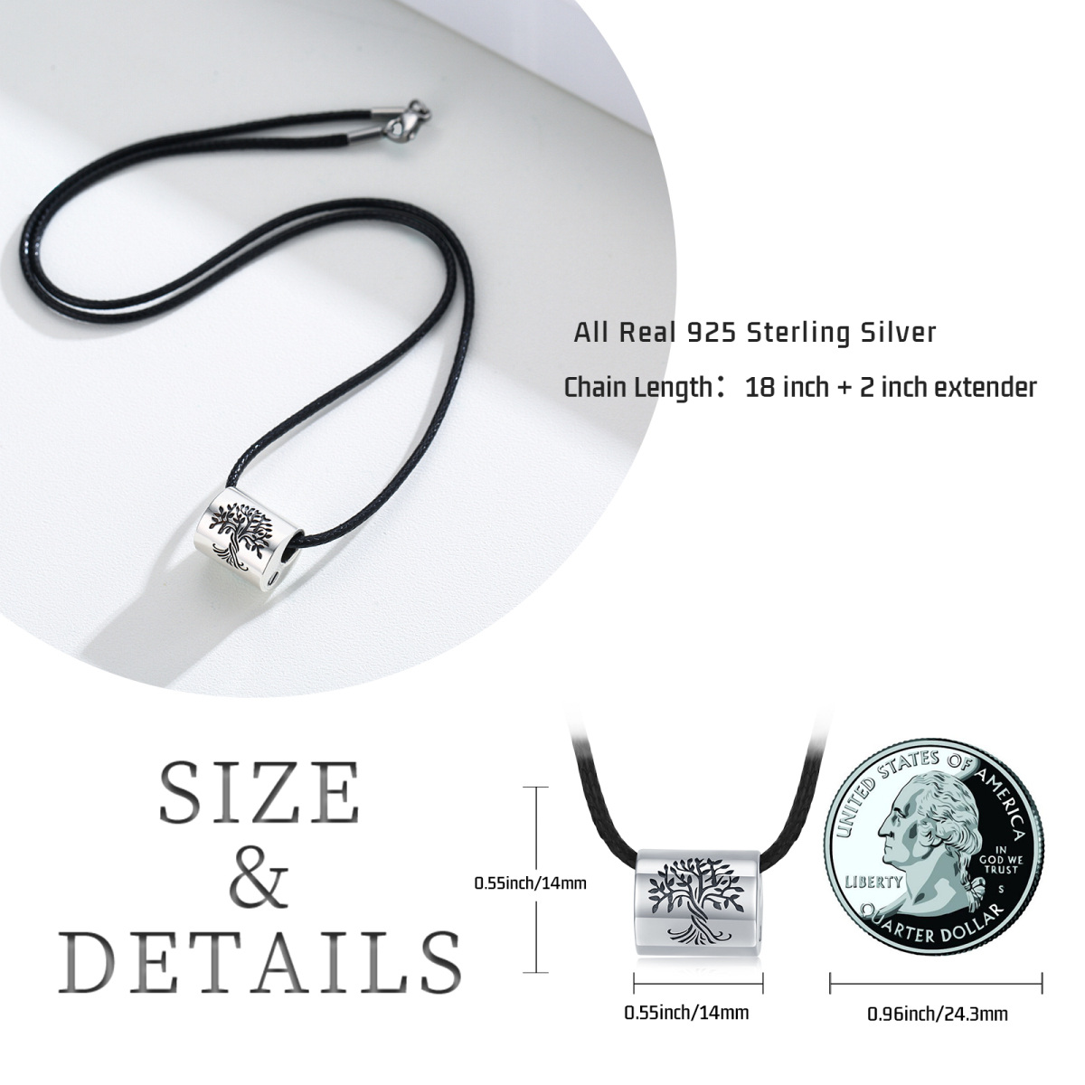 Sterling Silber Baum des Lebens zylindrische Perle Urne Halskette für Asche-5