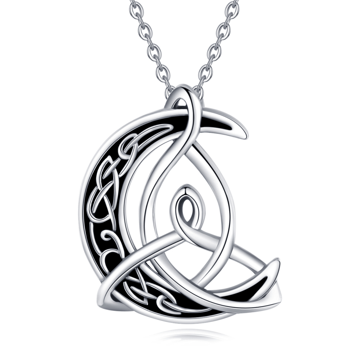 Sterling Silver Two-tone Celtic Knot & Moon Pendant Necklace-1