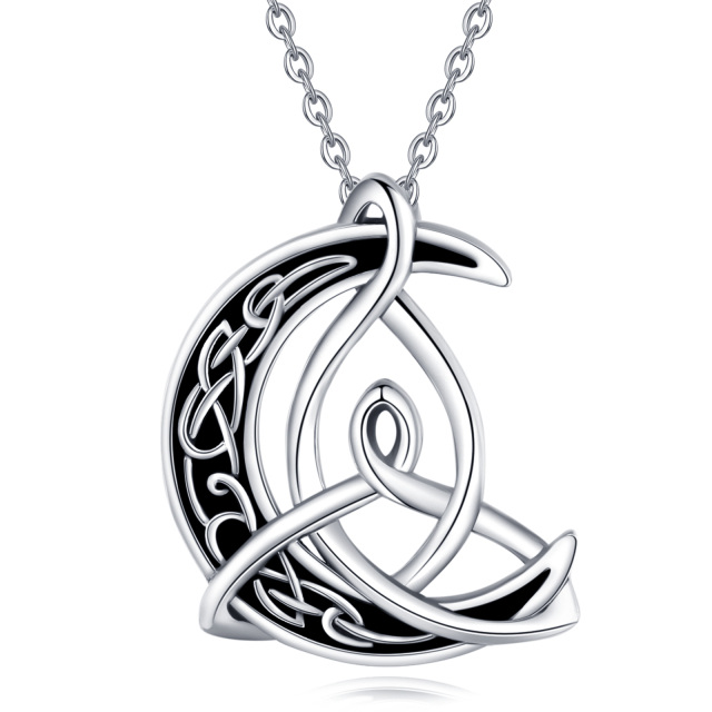 Sterling Silver Two-tone Celtic Knot & Moon Pendant Necklace-0