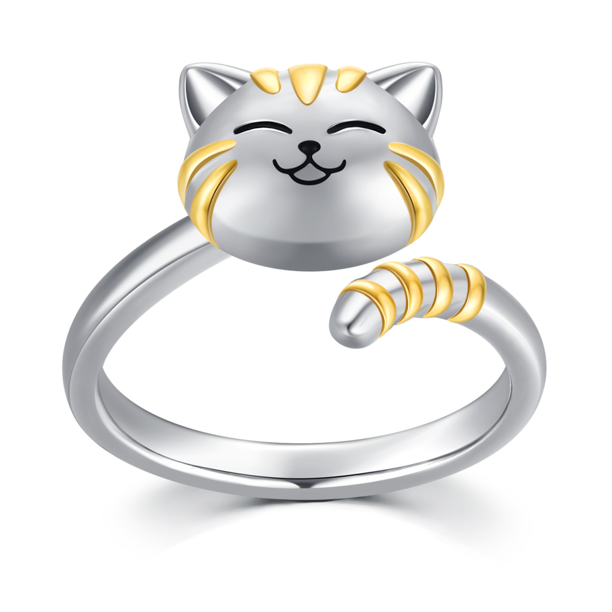 Bague ouverte en argent sterling avec chat bicolore-1