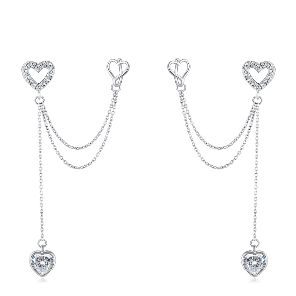 Sterling Silver Heart Zircon Heart Climber Earrings-1