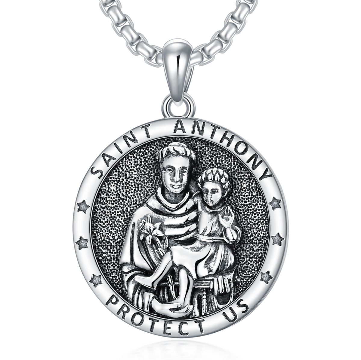 Sterling Silver St. Anthony Coin Pendant Necklace with Engraved Word for Men-1