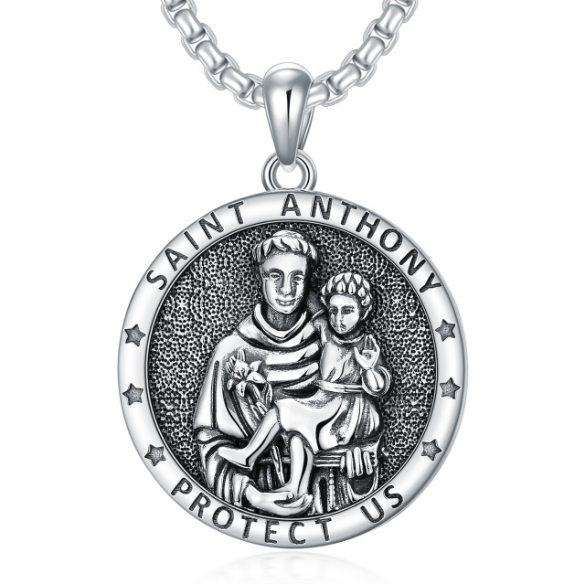 Sterling Silver St. Anthony Coin Pendant Necklace with Engraved Word for Men-0