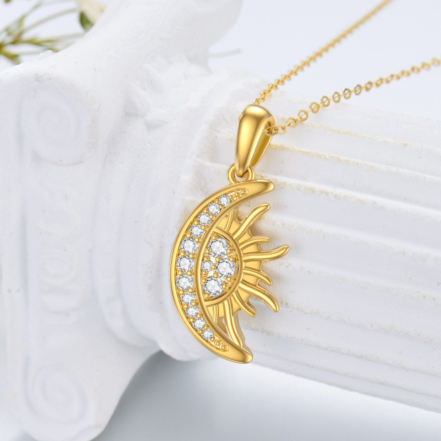 14K Gold Circular Shaped Cubic Zirconia Moon & Sun Pendant Necklace-3