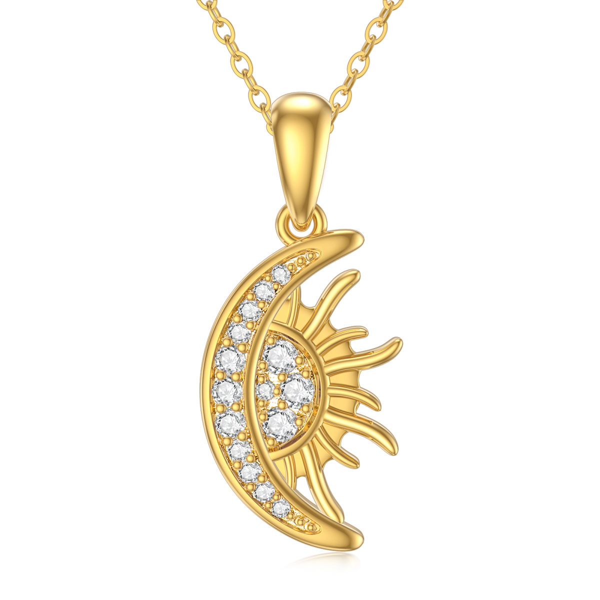 14K Gold Circular Shaped Cubic Zirconia Moon & Sun Pendant Necklace-1