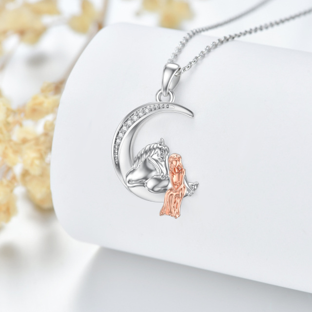 Collier en argent sterling avec pendentif cheval et lune en diamants ronds bicolores-2