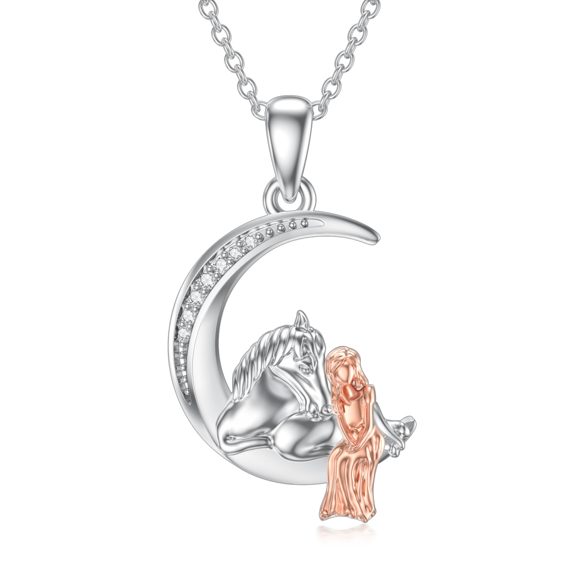 Sterling Silver Two-tone Round Diamond Horse & Moon Pendant Necklace-1