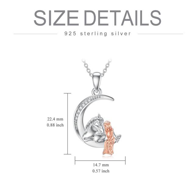Sterling Silber zweifarbig rund Diamant Pferd & Mond Anhänger Halskette-4