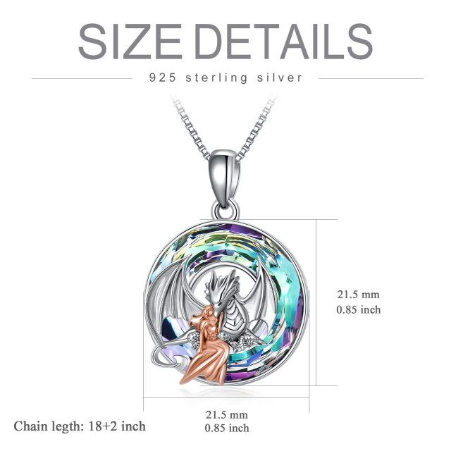 Sterling Silver Two-tone Round Dragon Crystal Pendant Necklace-4