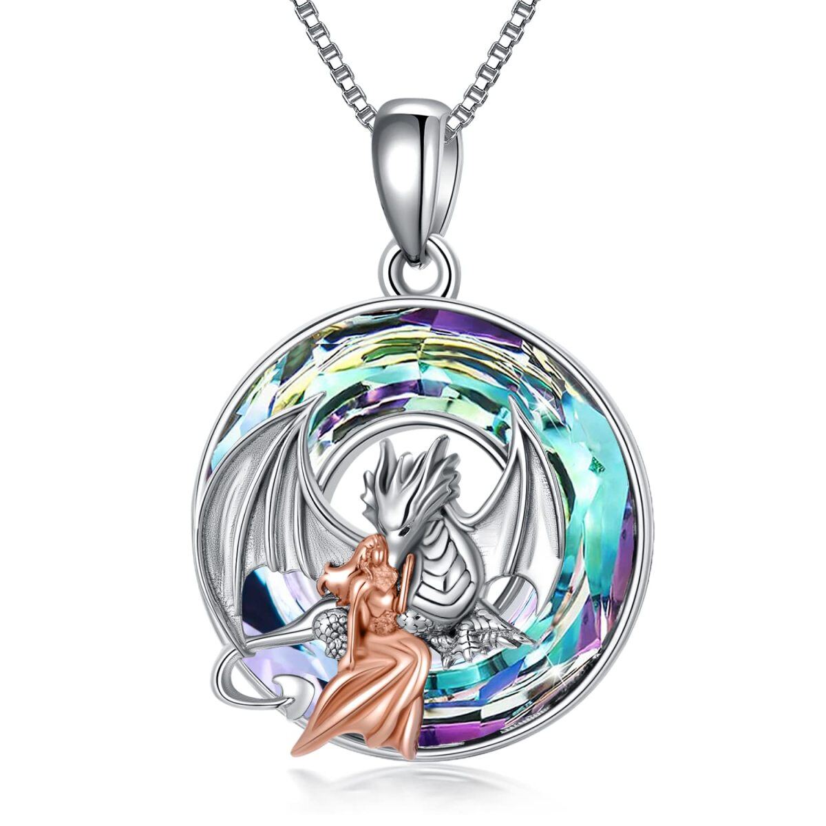 Sterling Silver Two-tone Round Dragon Crystal Pendant Necklace-1