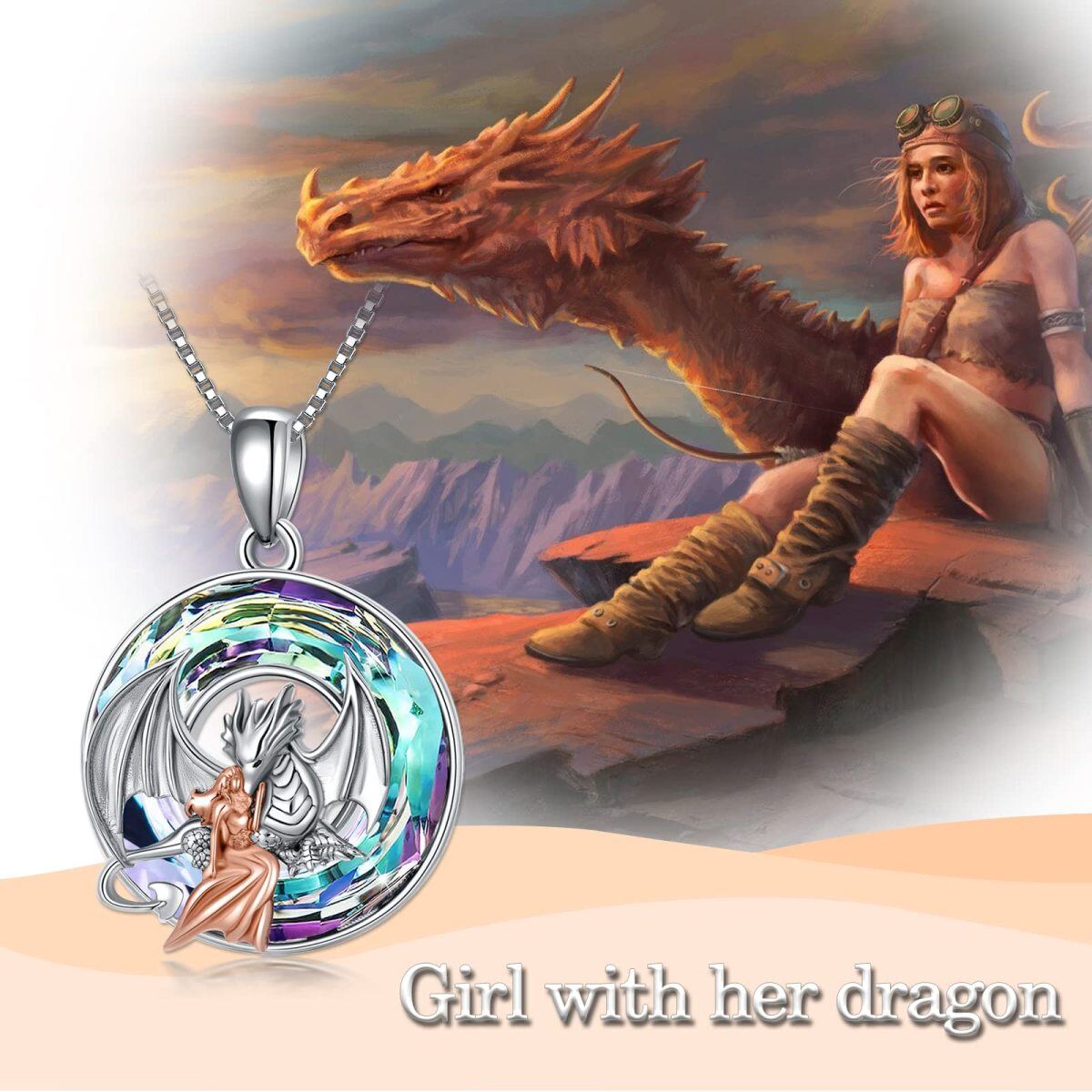 Sterling Silver Two-tone Round Dragon Crystal Pendant Necklace-6