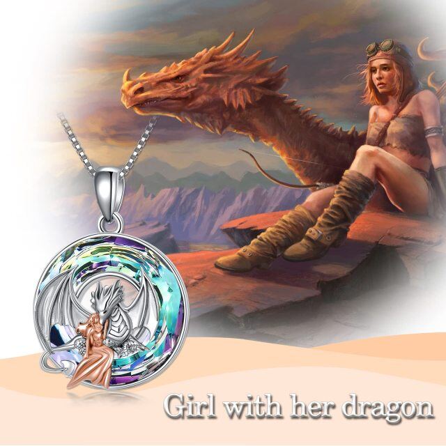 Sterling Silver Two-tone Round Dragon Crystal Pendant Necklace-5