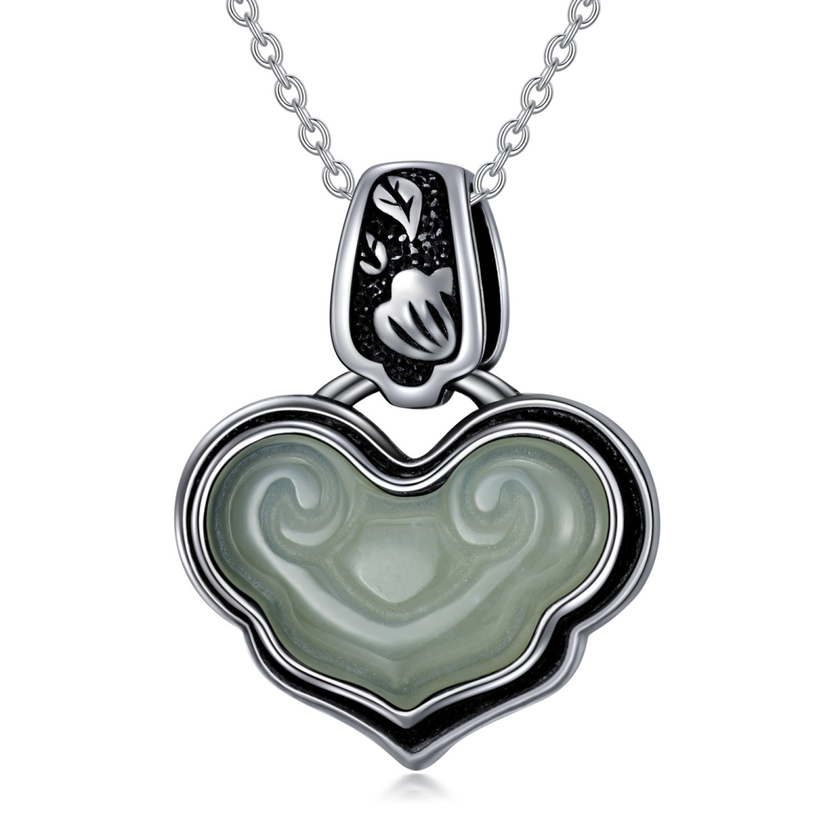 Sterling Silver Jade Heart Pendant Necklace-1