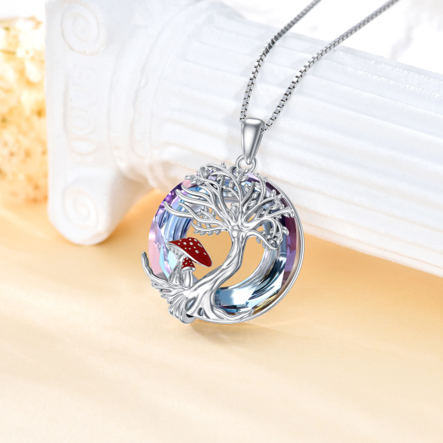 Sterling Silver Circular Shaped Mushroom & Tree Of Life Crystal Pendant Necklace-3